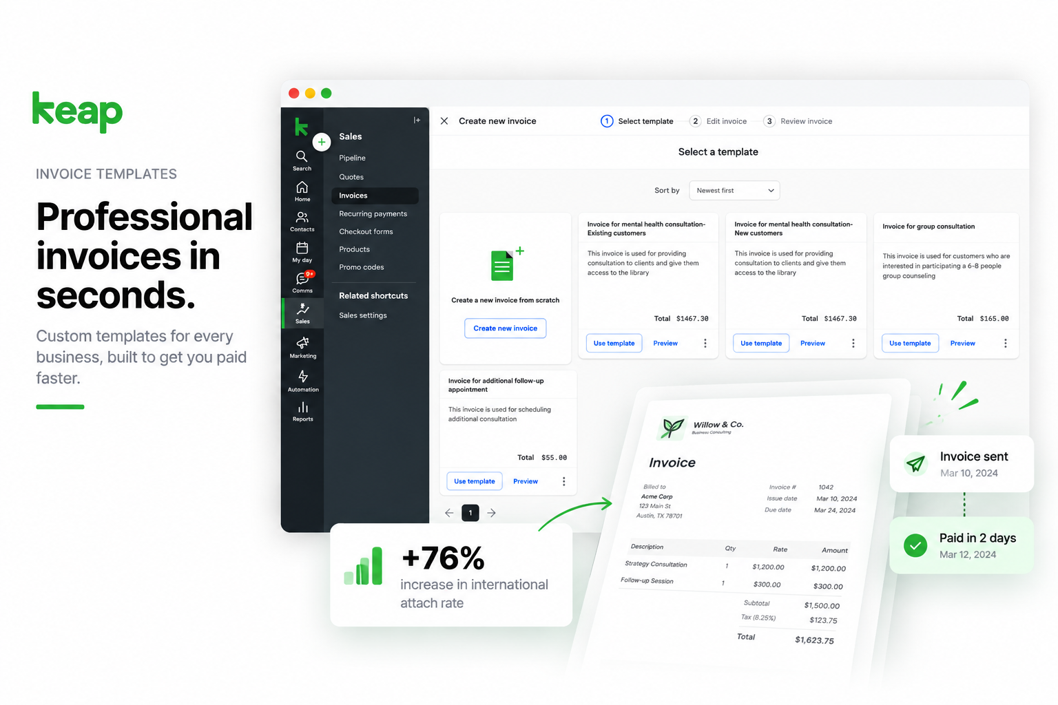 Keap Invoice Templates marketing cover showing reusable invoice templates inside the CRM