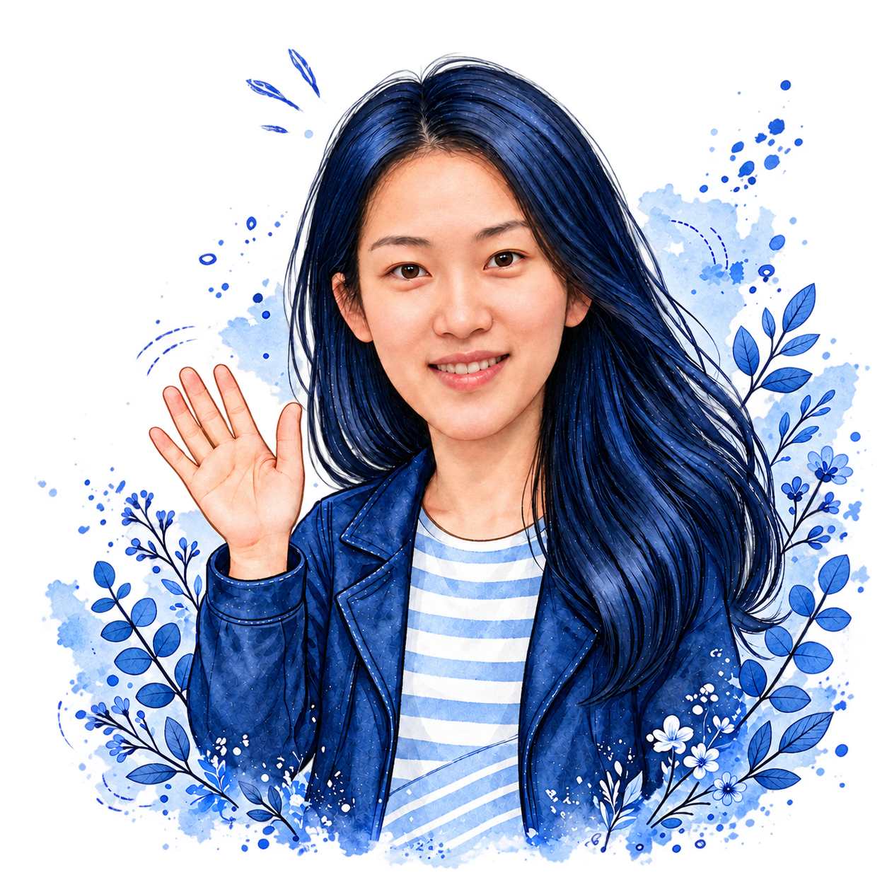 Blue watercolor portrait of Muzzy Lin waving hello