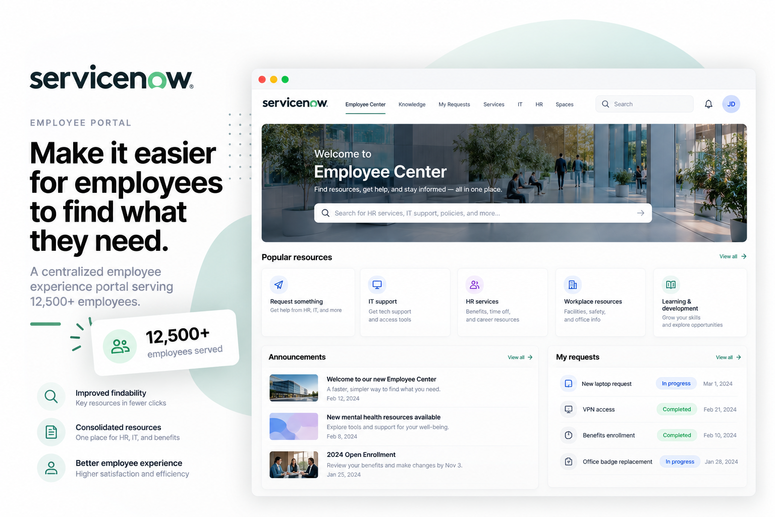 ServiceNow employee experience marketing cover showing a unified benefits and support portal