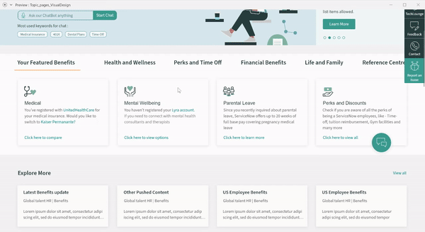 High-fidelity prototype of the ServiceNow employee portal, tested with 10 employees