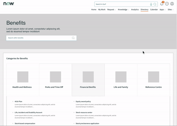 First wireframe iteration: category-based topic page layout