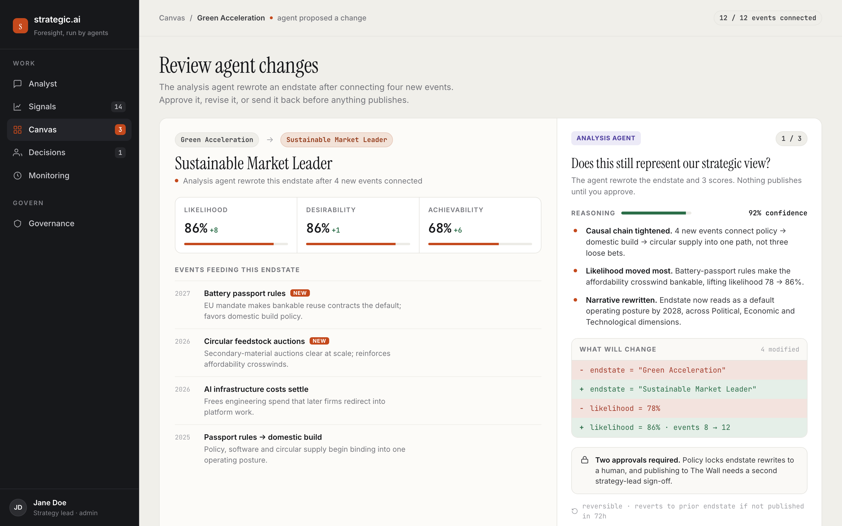 Canvas — reviewing an agent-proposed endstate rewrite