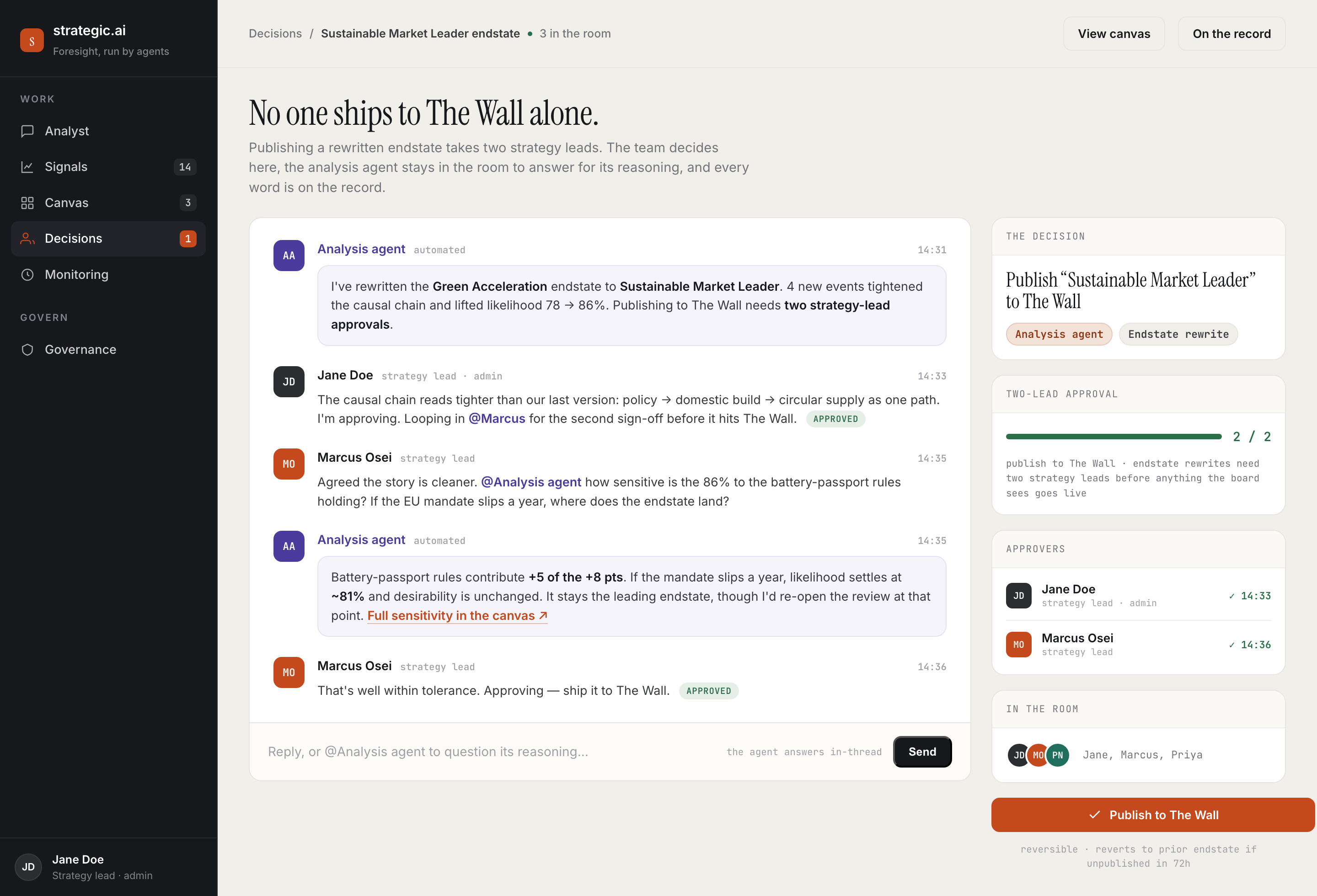 Decision Room — two-lead approval thread
