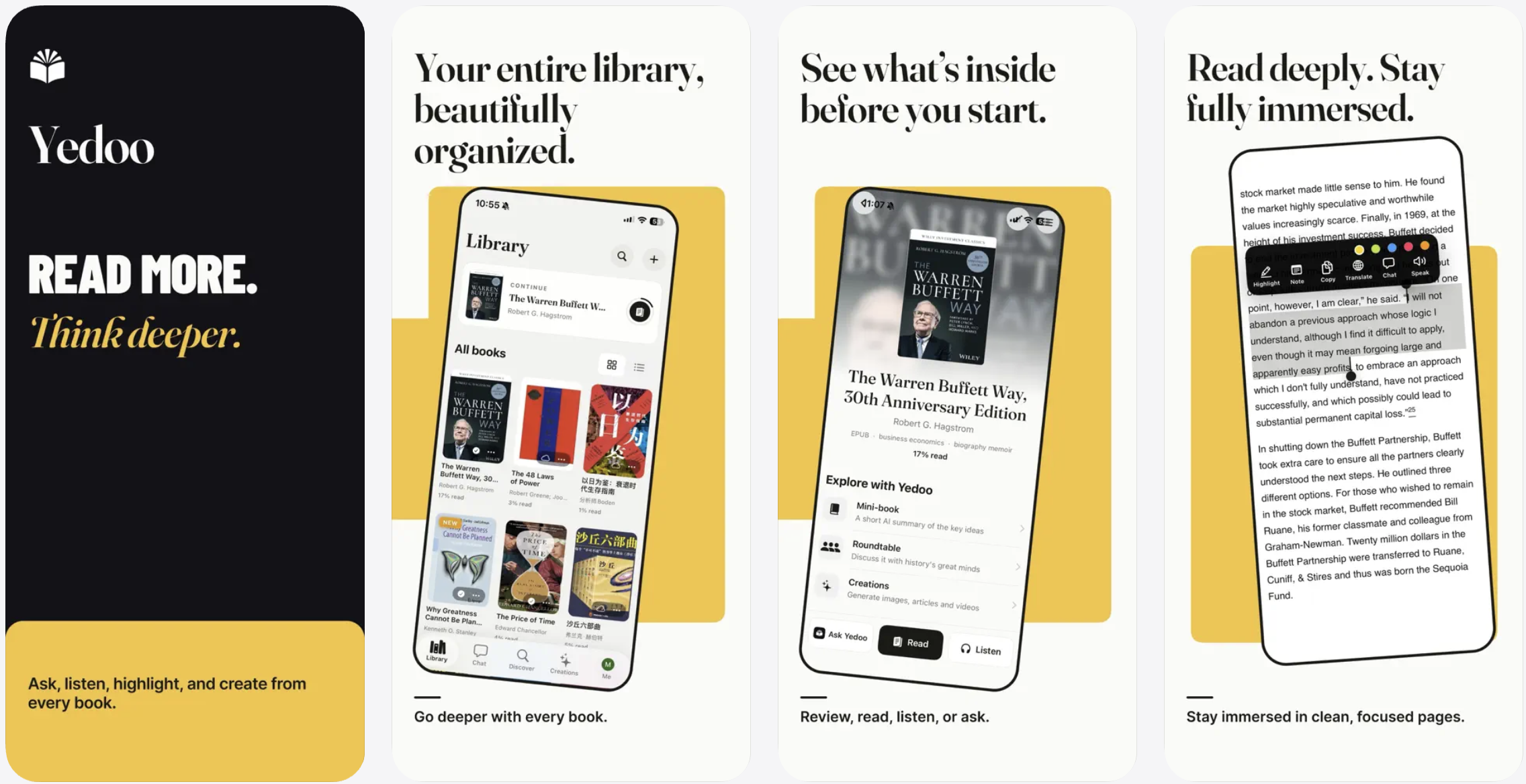 Yedoo App Store preview showing the product identity, library, book detail, and reader