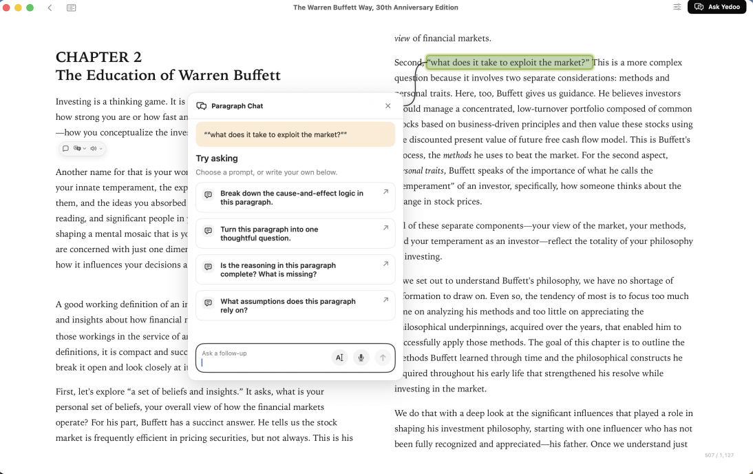 Yedoo paragraph chat alongside the source passage