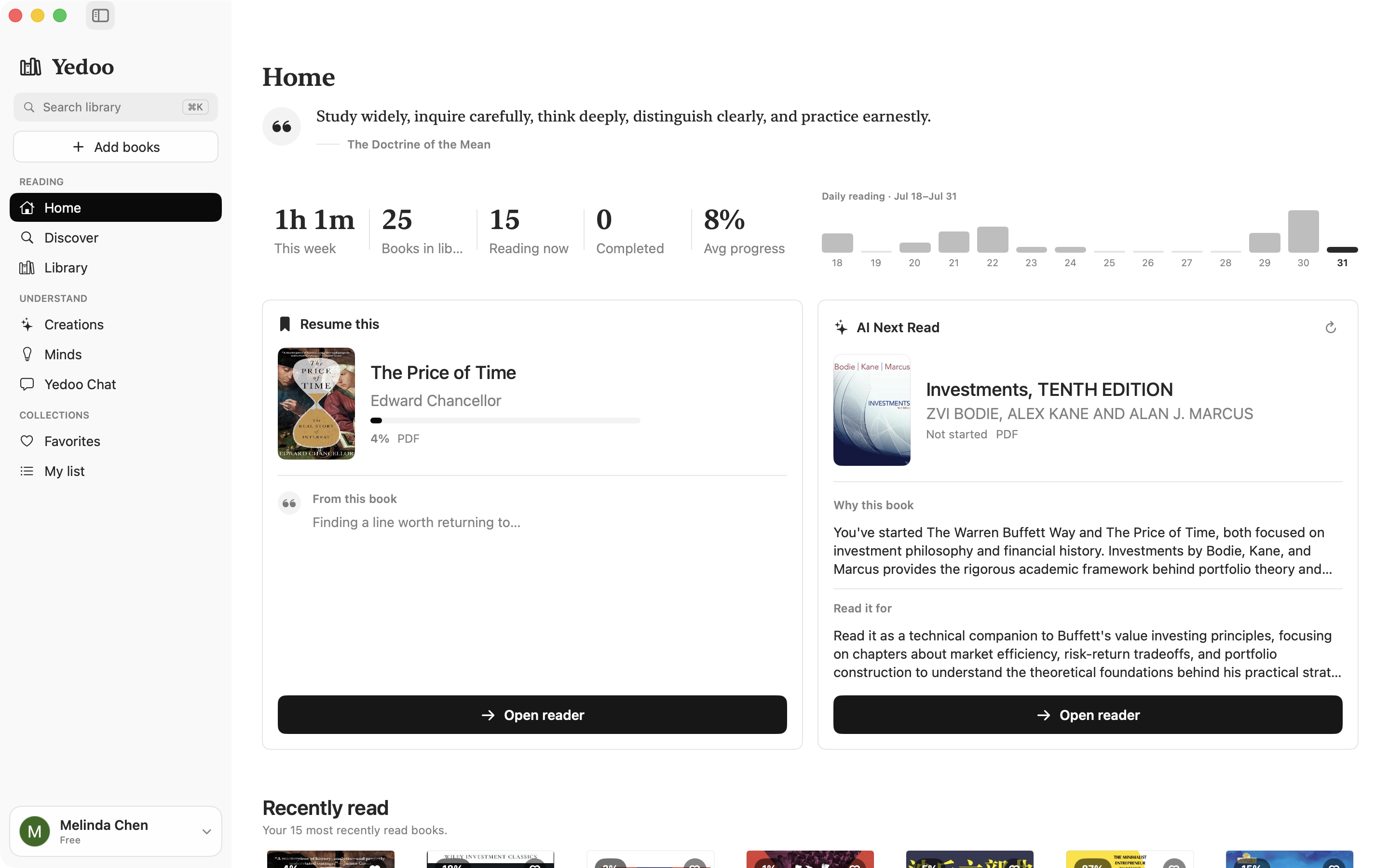 Yedoo macOS dashboard with reading progress and recommendations